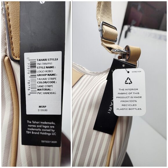 NWT Tahari Logo Hobo Handbag Striped Purse Satchel Vegan Recycled Beige $139 12" - Picture 5 of 13